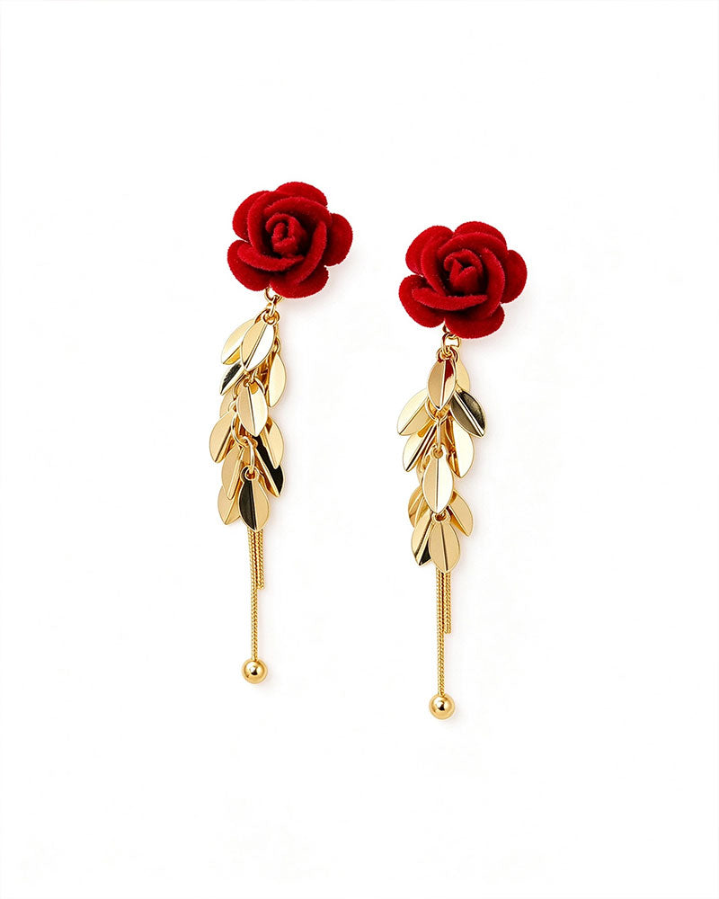 Flocked Rose Heart Long Drop Earrings