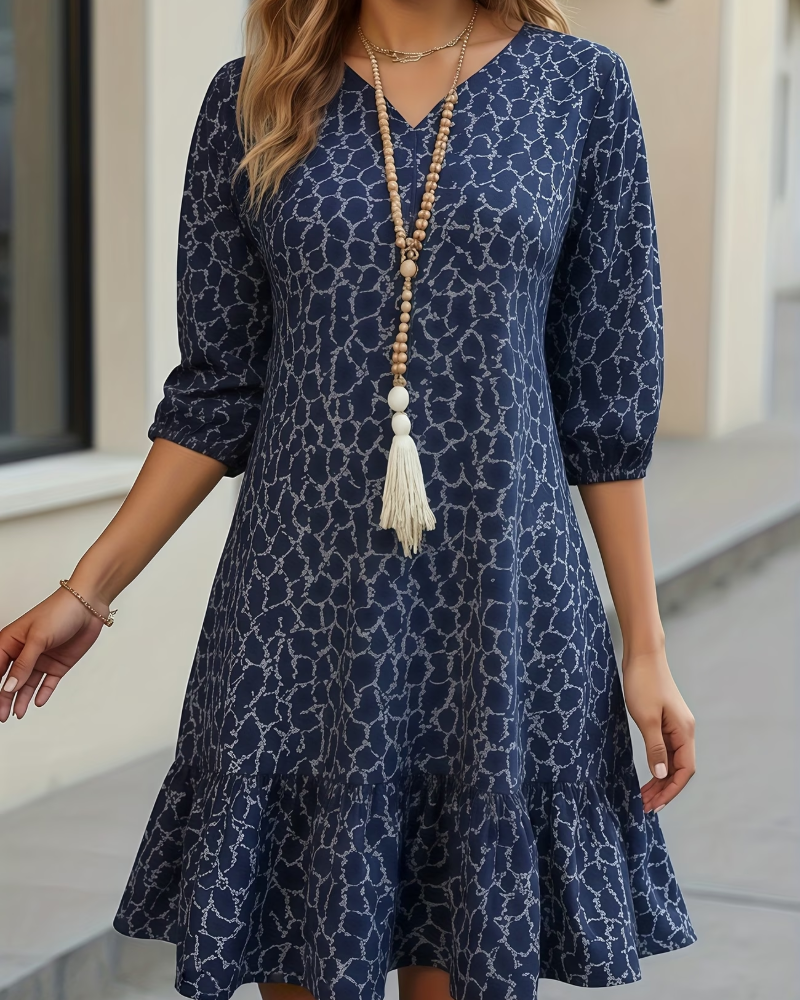 Mid-Sleeve Printed A-Line Ruffle Dress