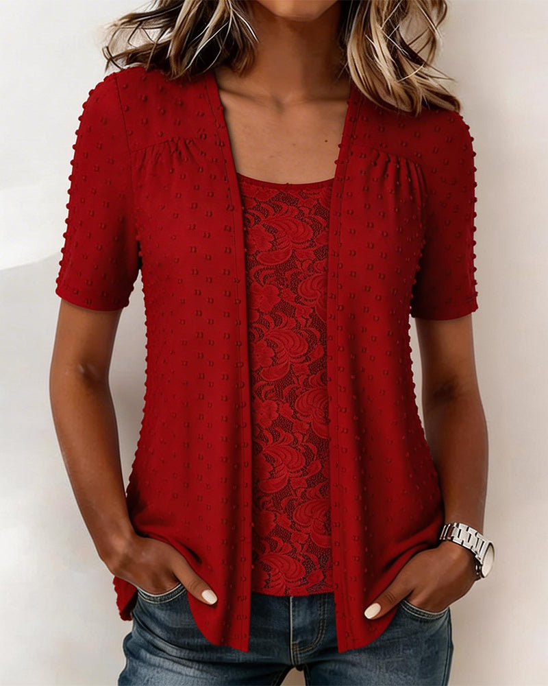 Fake Two-Piece Jacquard Lace Patchwork Blouse