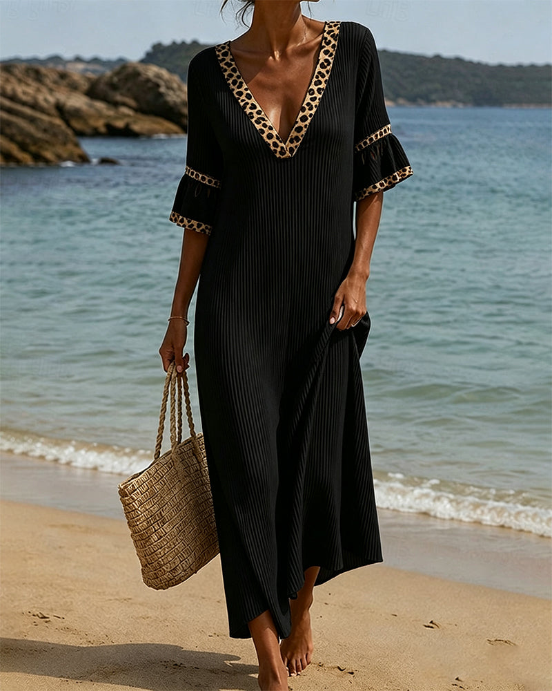 V-Neck Ruffle Leopard Patchwork Dress