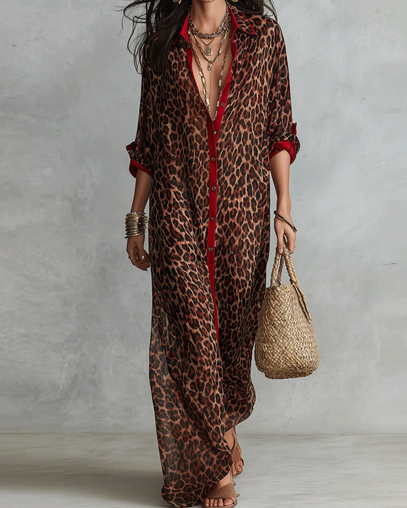 Lapel Leopard Color-Block Dress
