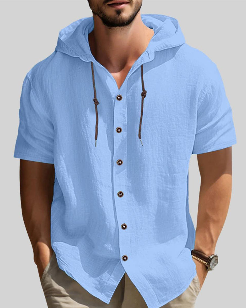 Button Drawstring Hooded Solid Men's Shirt