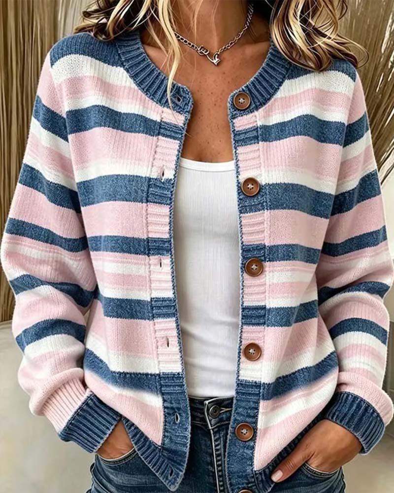 Striped Crew Neck Single-Breasted Cardigan
