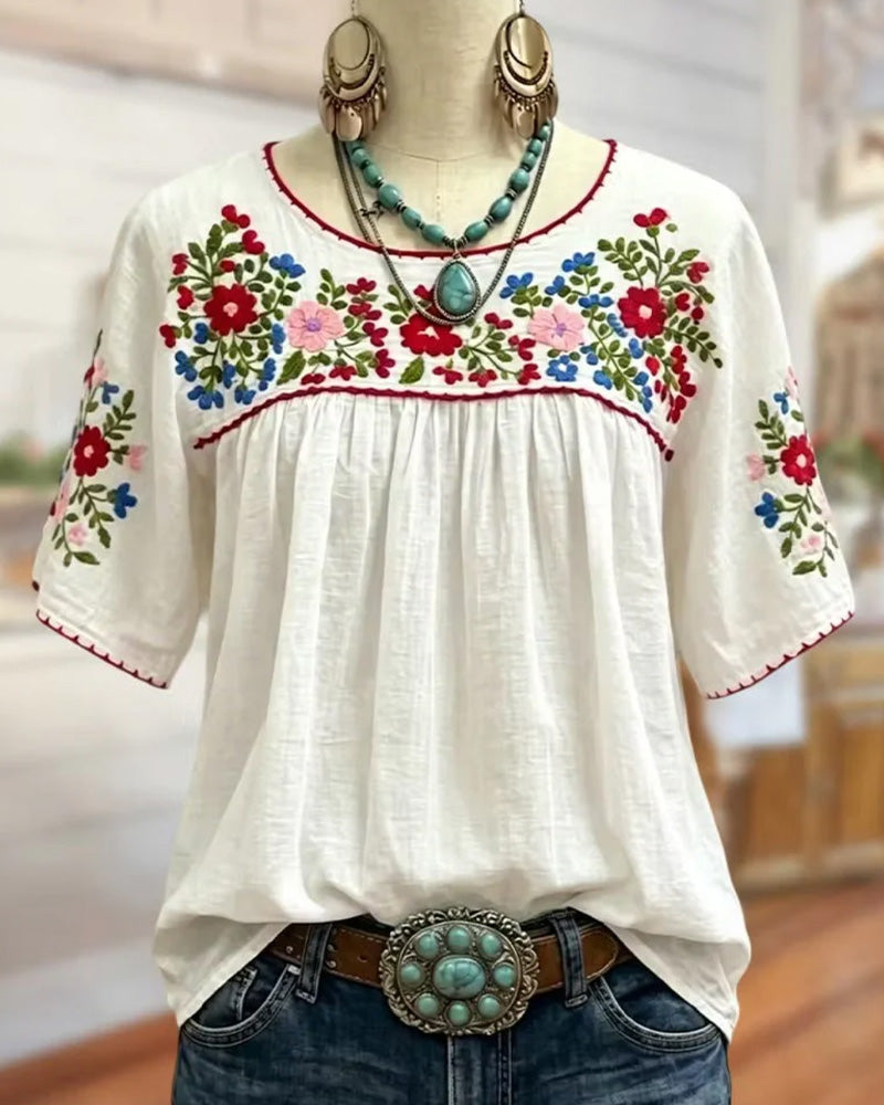 Crew Neck Embroidered Bohemian Blouse