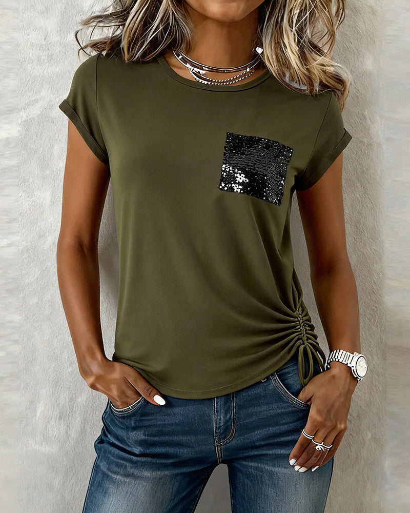 Crew Neck Sequined Solid Color T-Shirt