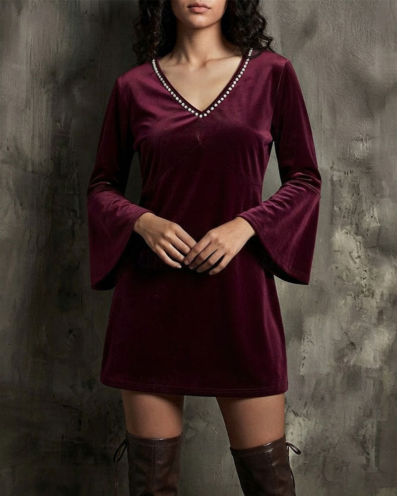 V-Neck Flare Sleeve Long Sleeve Dress