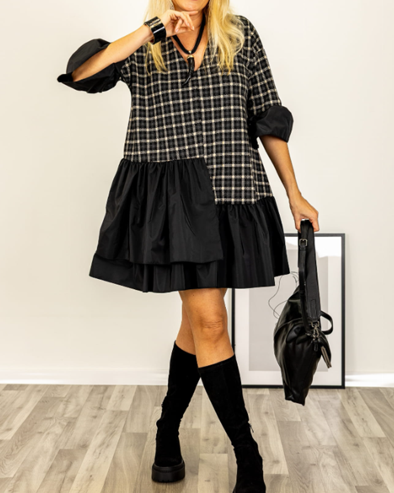 Short-Sleeved Plaid V-Neck Patchwork Dress