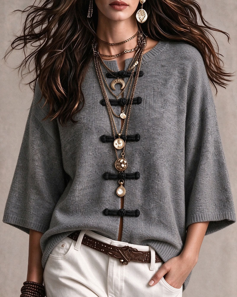 Round Neck Frog Button Loose Sweater