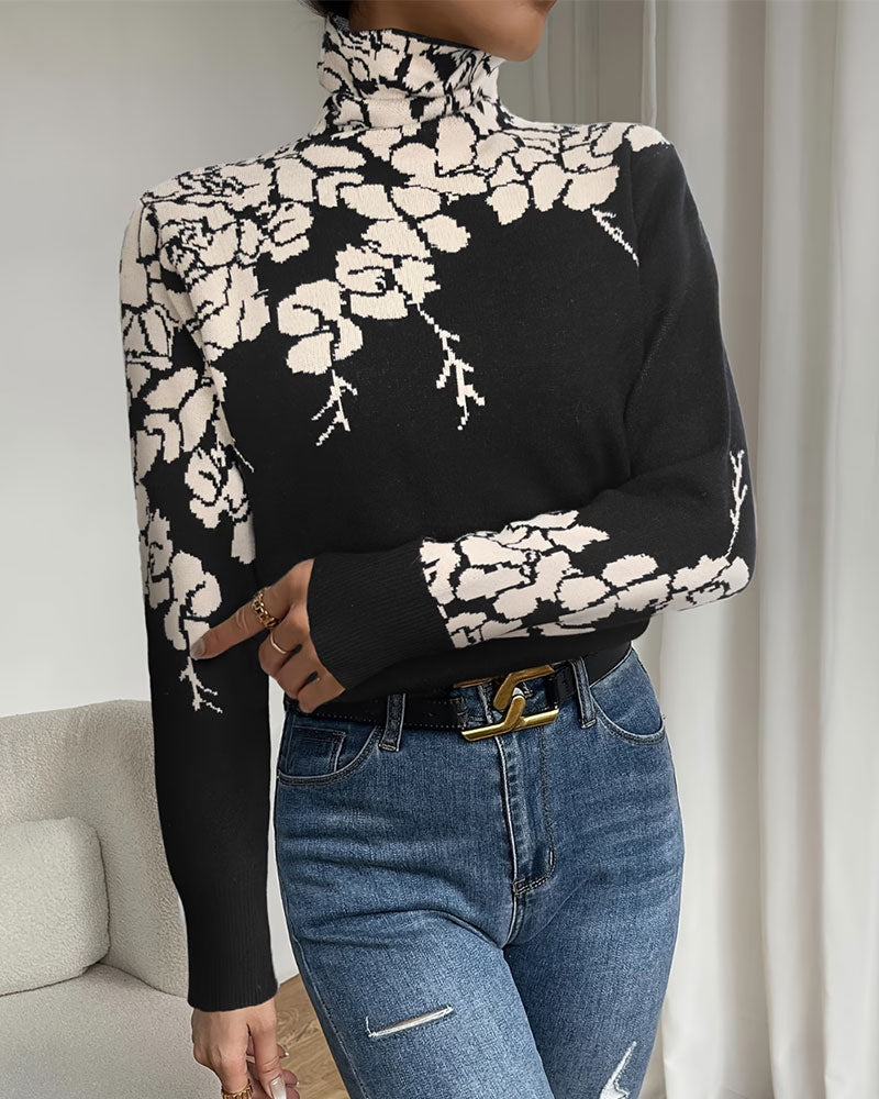 High Neck Floral Jacquard Pullover
