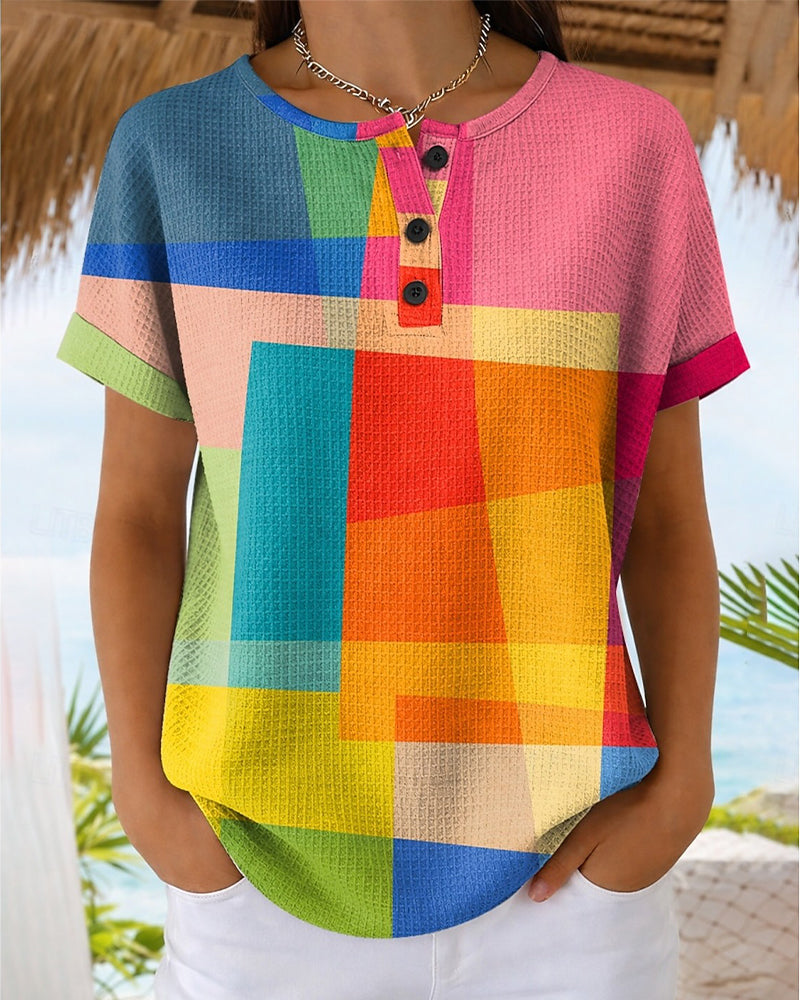 Plaid Button Short-Sleeved Top