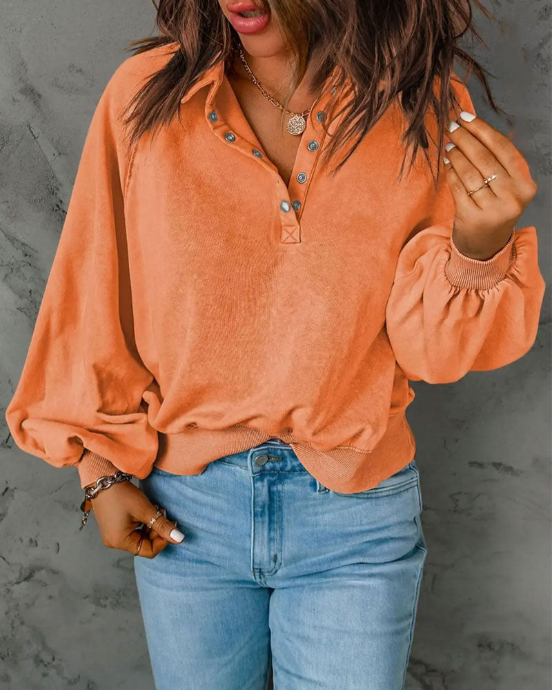 Lapel Button Solid Sweatshirt