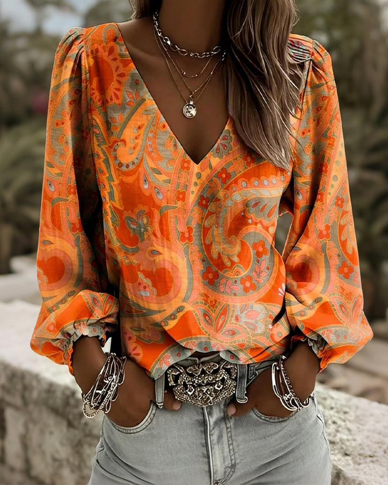 Patterned V-Neck Puff-Sleeve Blouse