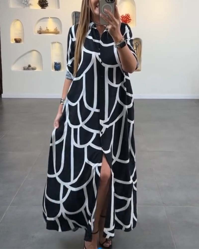 Contrast printed lapel long slit dress