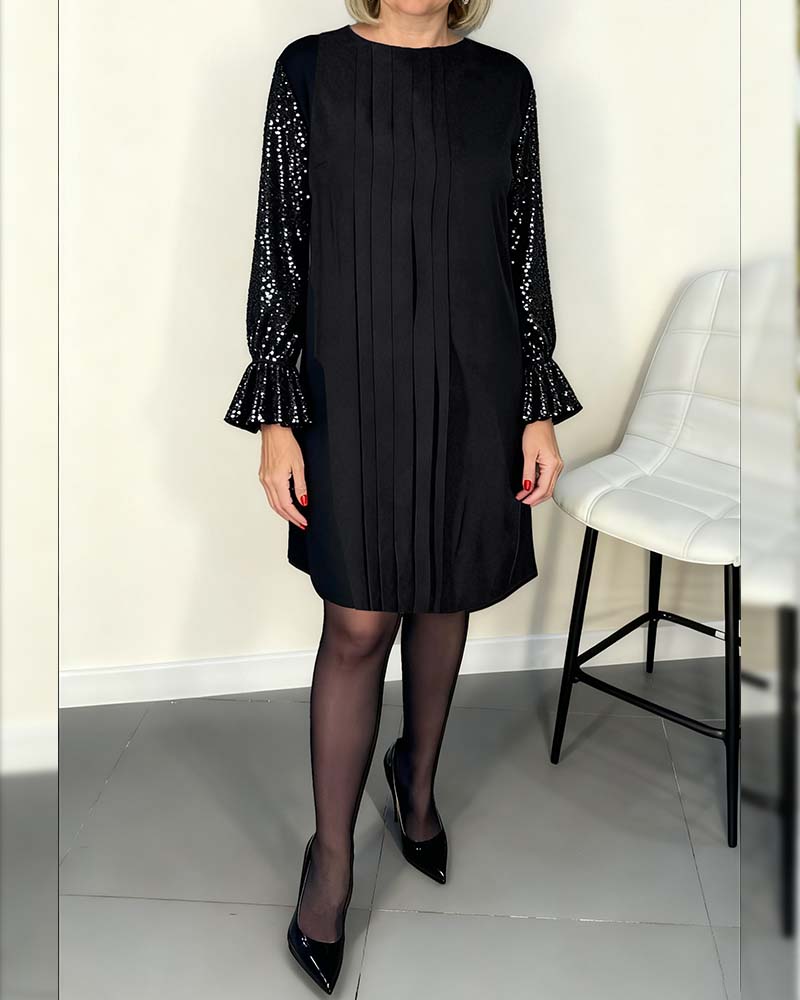 Solid Color Flared Sleeve Pleated Dress