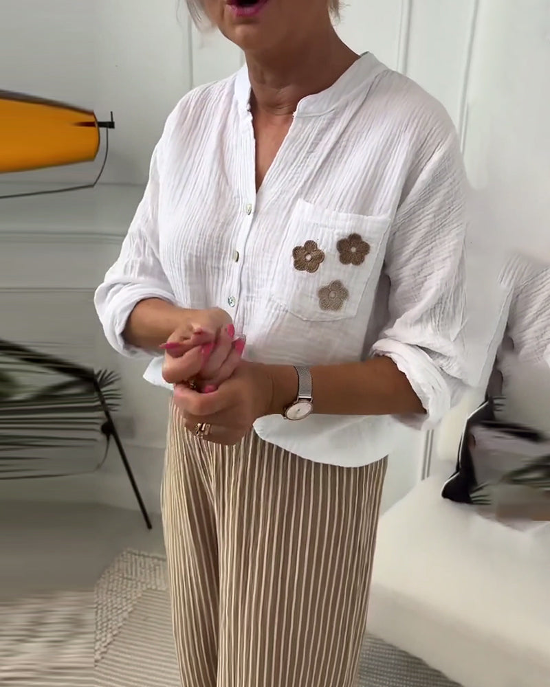 Casual floral print pocket long sleeve blouse