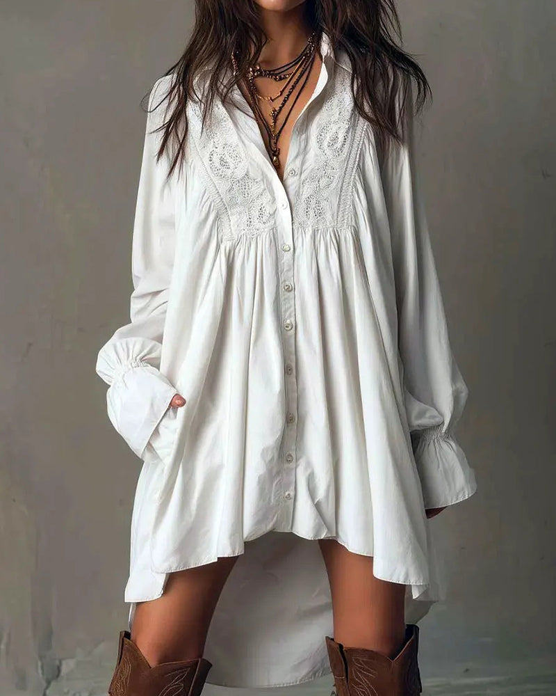 Lace-Paneled Lantern-Sleeve Dress