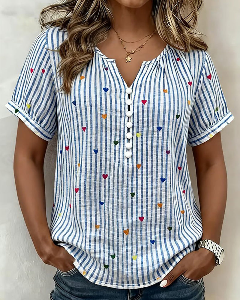 Puff Sleeve Heart Stripe Blouse