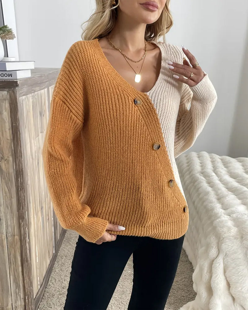 Contrast Color Panel V-Neck Sweater