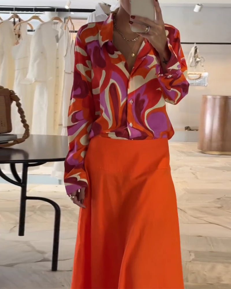 Lapel Colorful Printed Blouse with Buttons