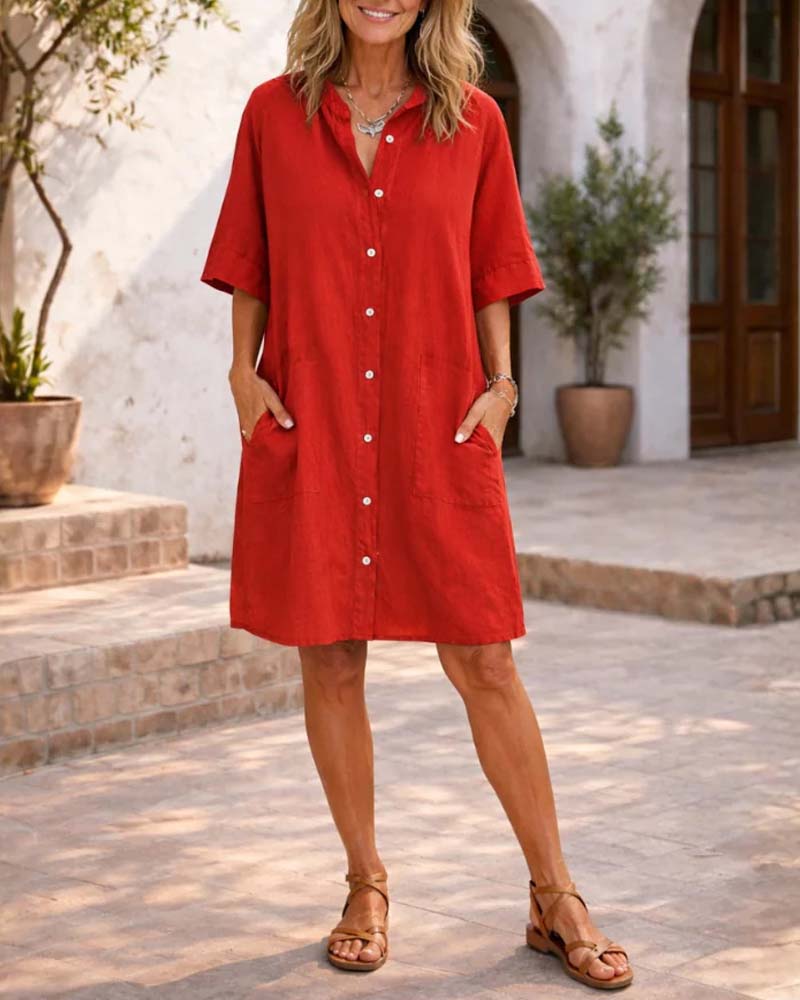 Lapel Linen Pocket Shirt Dress