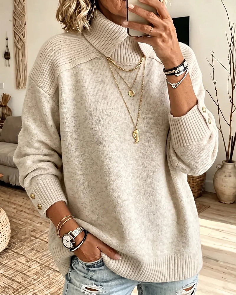 High Collar Buttoned Loose Pullover