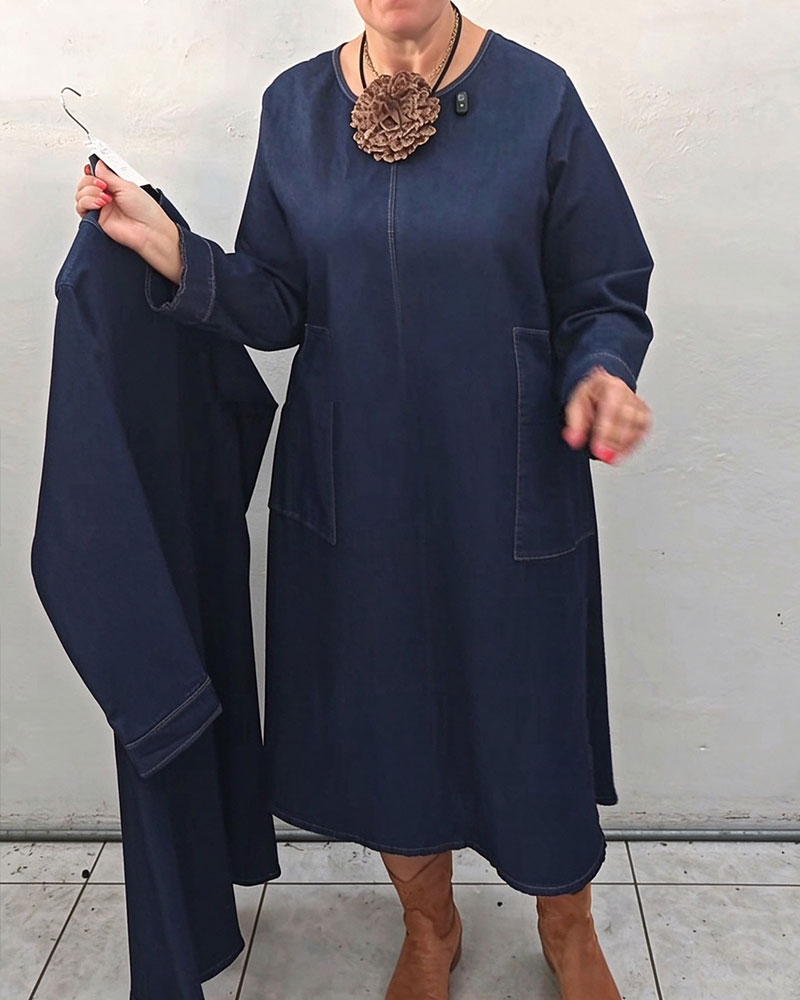 Crew Neck Pocket Straight Long Sleeve Denim Dress