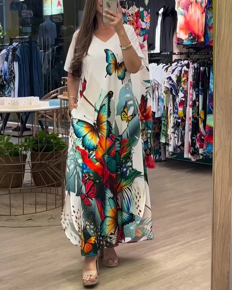 V-Neck Butterfly Print Long Dress