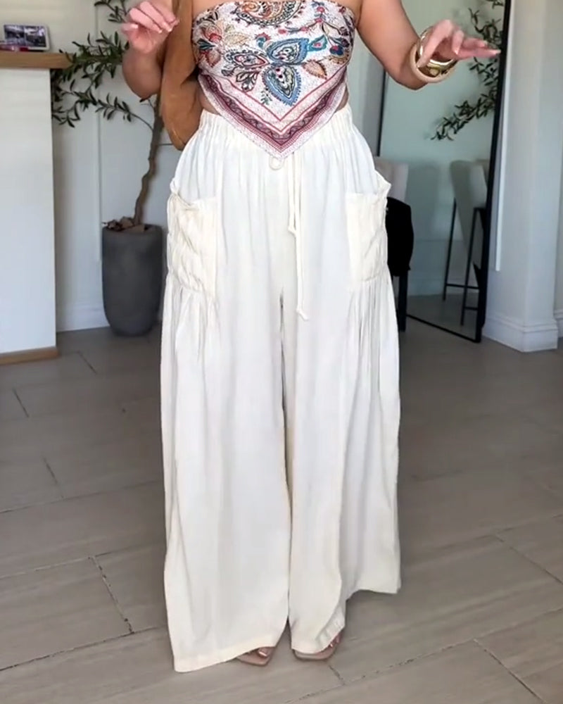 Drawstring Pleated Pocket Wide Leg Pants