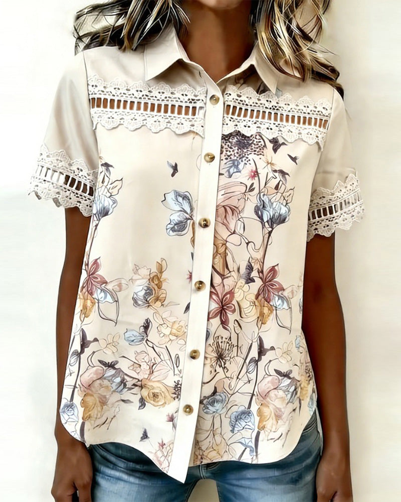 Floral Lace Patchwork Short Sleeve Shirt