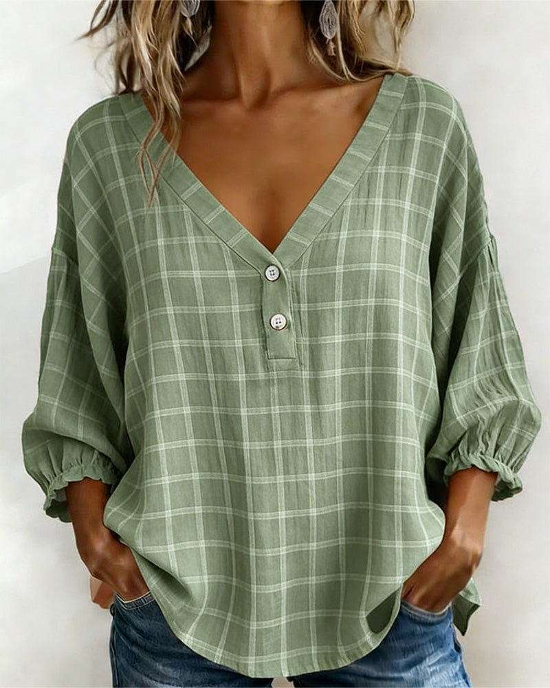 V-Neck Plaid Loose Top