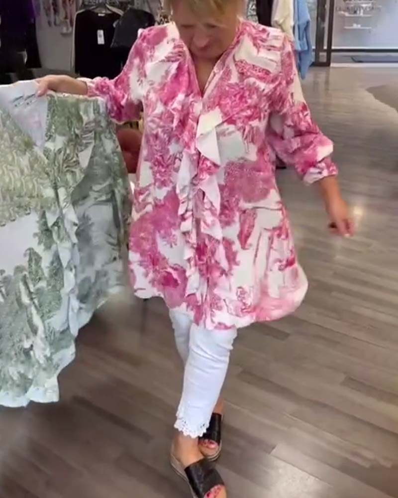 Gentle printed ruffle casual blouse