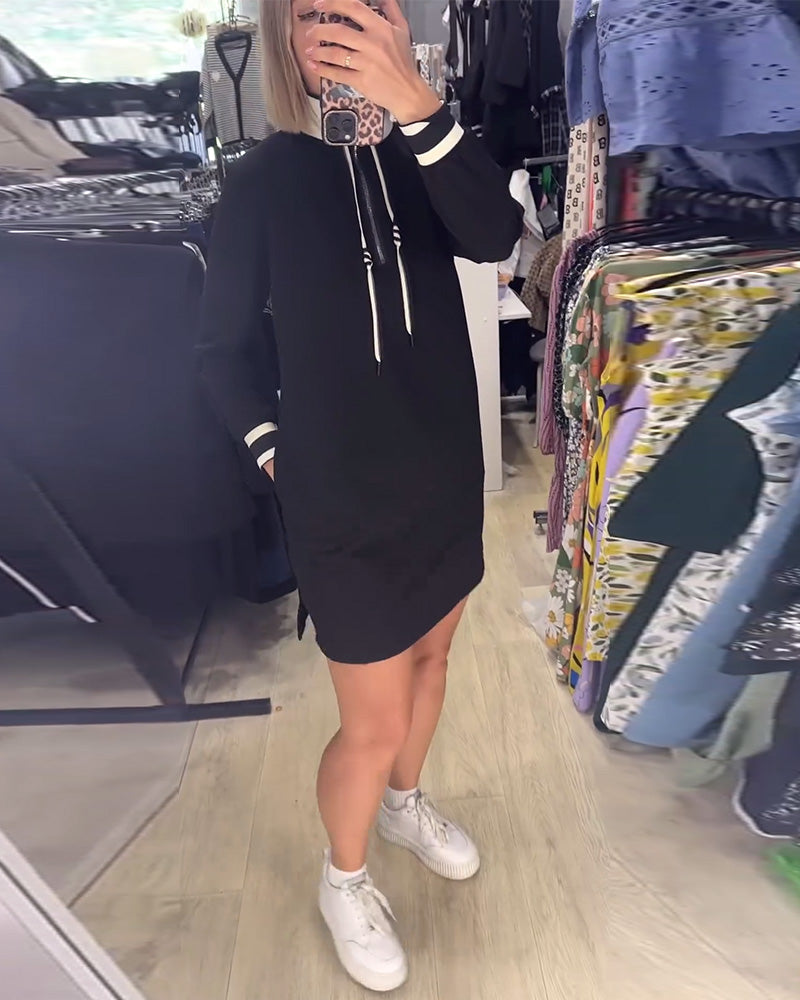 Casual stand collar long sleeve drawstring dress