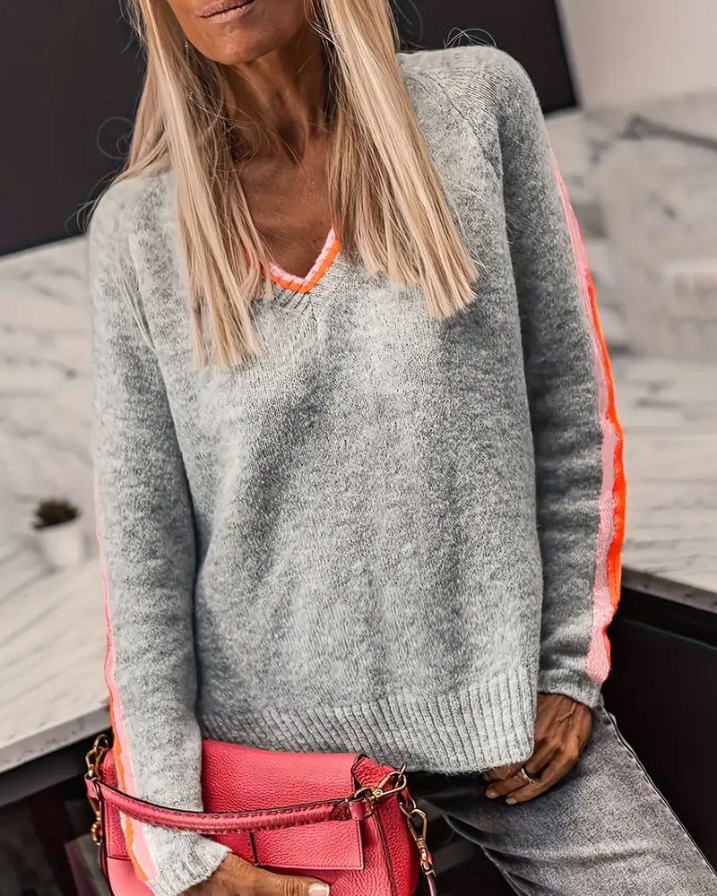 Contrast Color V-Neck Pullover