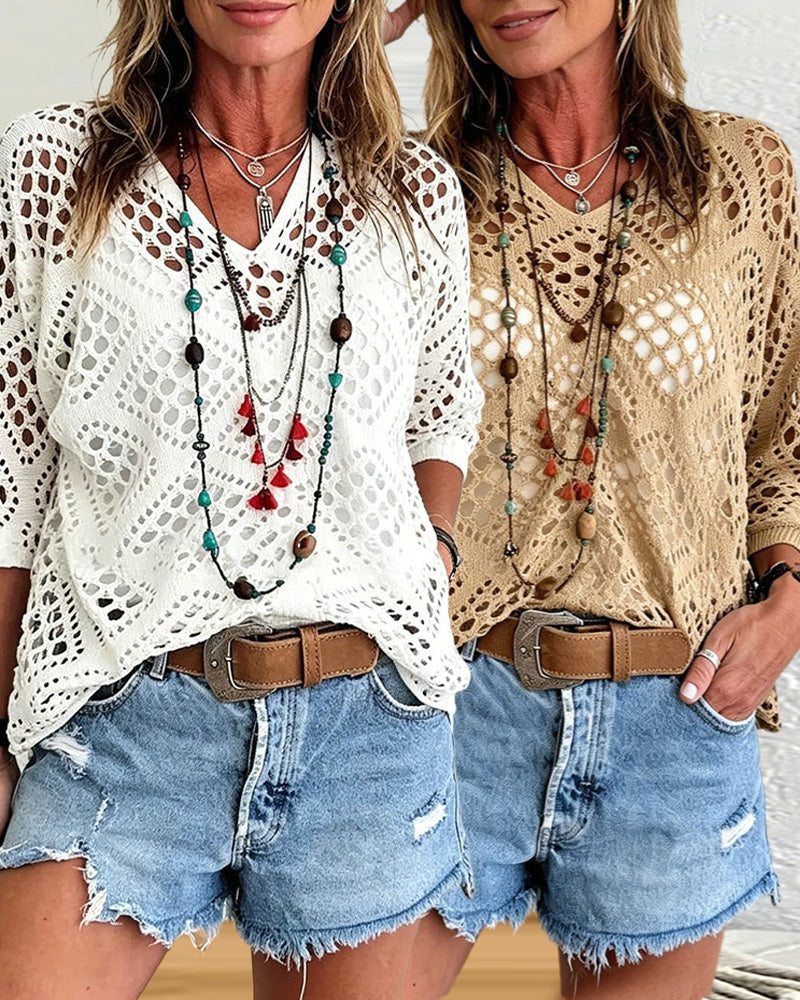 Diamond-Patterned Openwork Loose Top Set