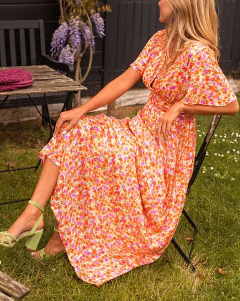 V-neck waist floral dress