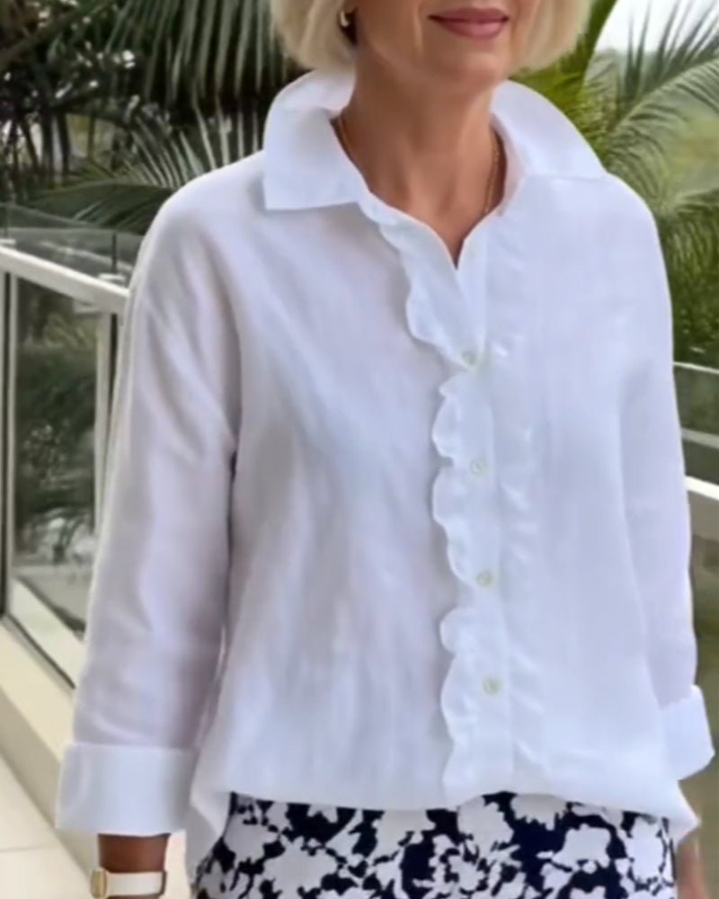 Ruffled Long-Sleeved Solid-Color Collared Blouse