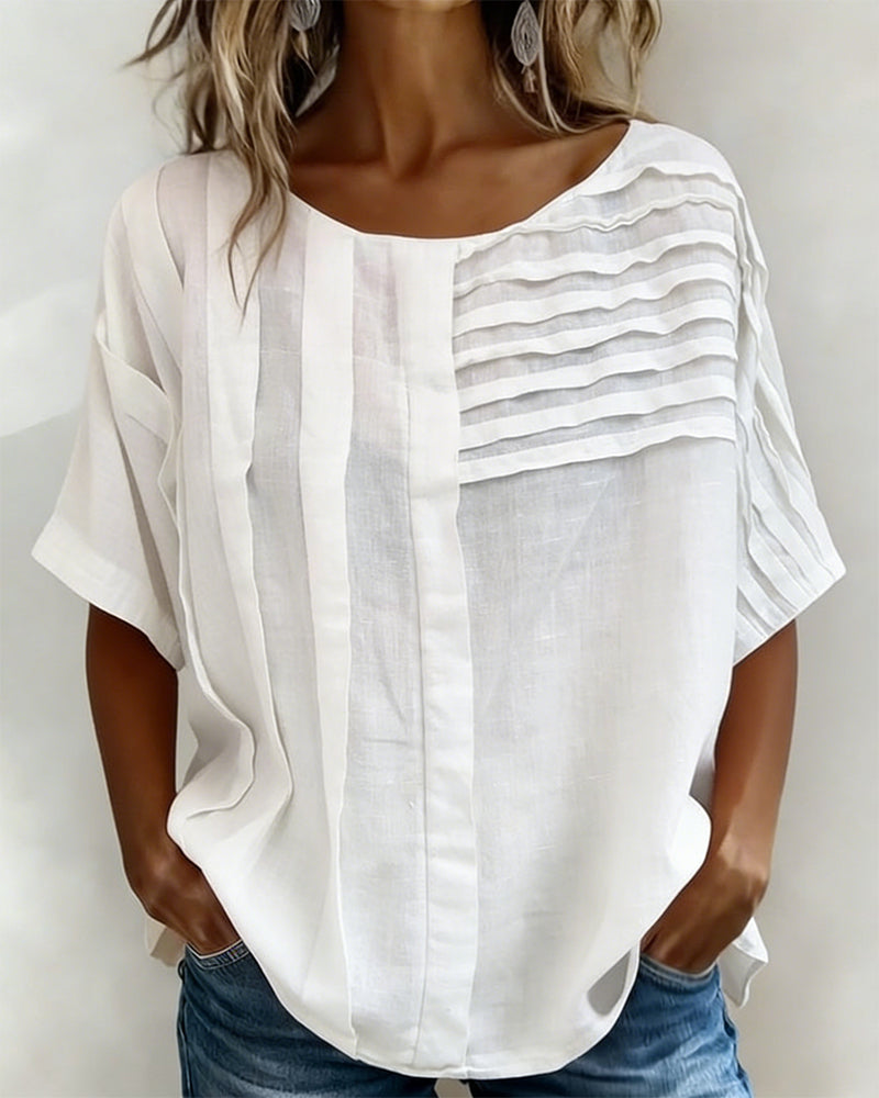 Asymmetric Pleated Round Neck Blouse