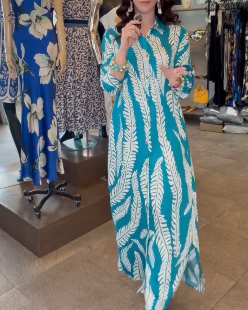 Collared Leaf Print Shirt Dress