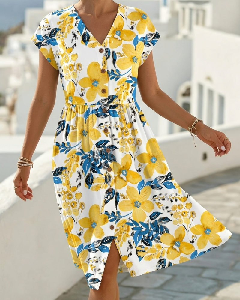 Floral Print V-Neck Short-Sleeve Dress