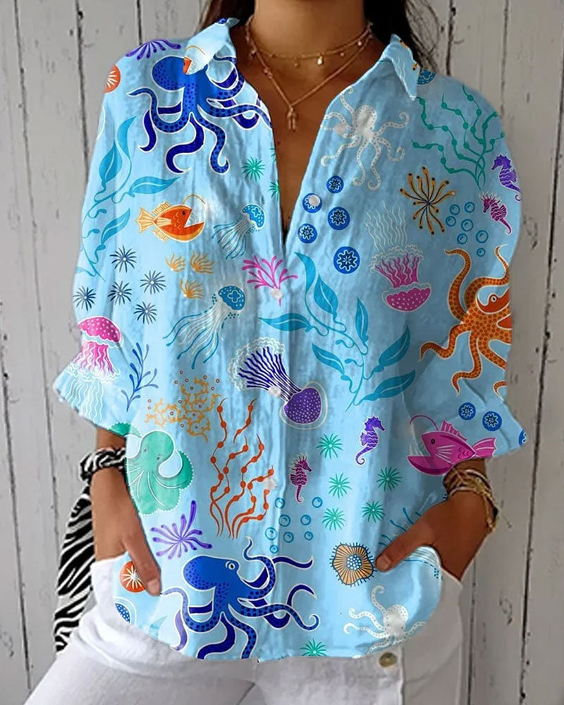 Marine Life Print Button Shirt