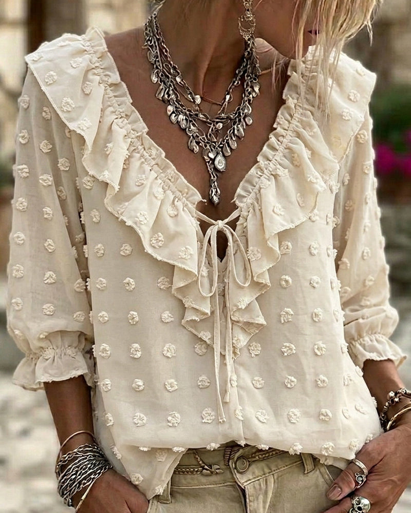 V-Neck Three-Dimensional Printed Puff Sleeves Blouse