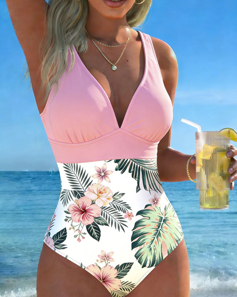 V-Neck Tropical Floral One Piece