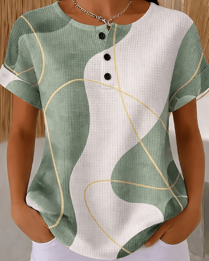 Color Contrast Line Button Crew Neck Blouse