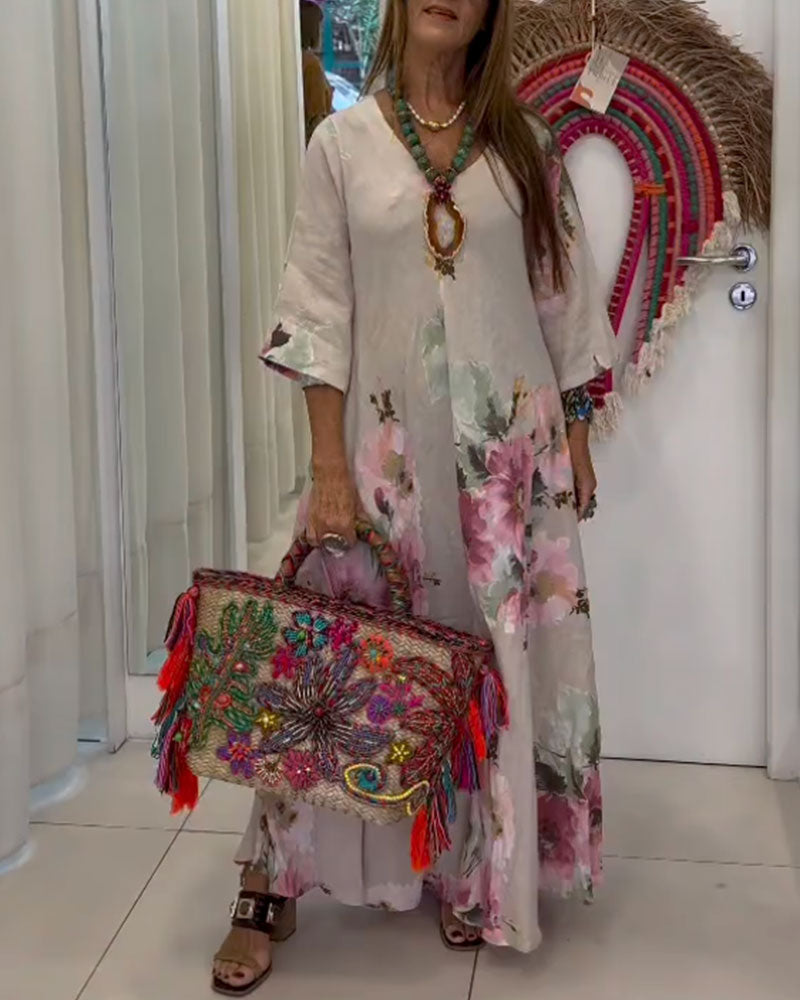 Loose V-Neck Printed Long Dress