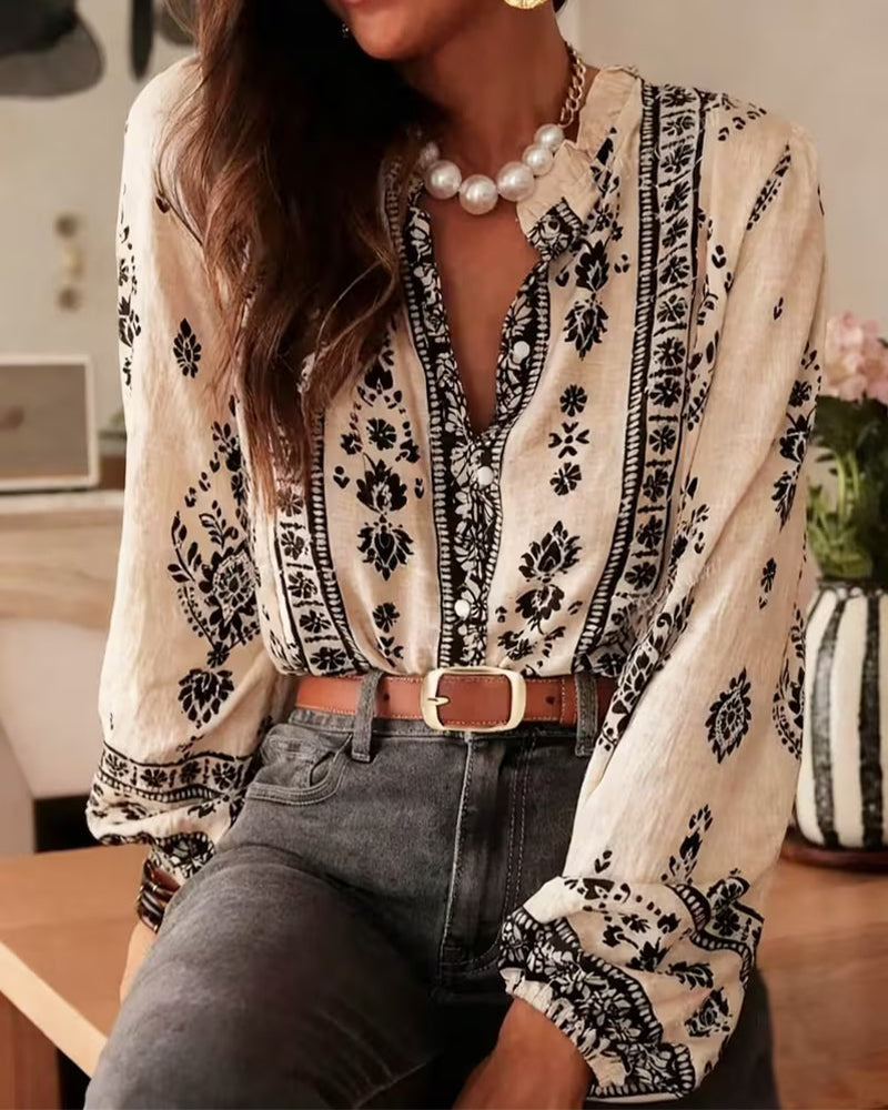 Floral Print Elegant Long-Sleeved Blouse