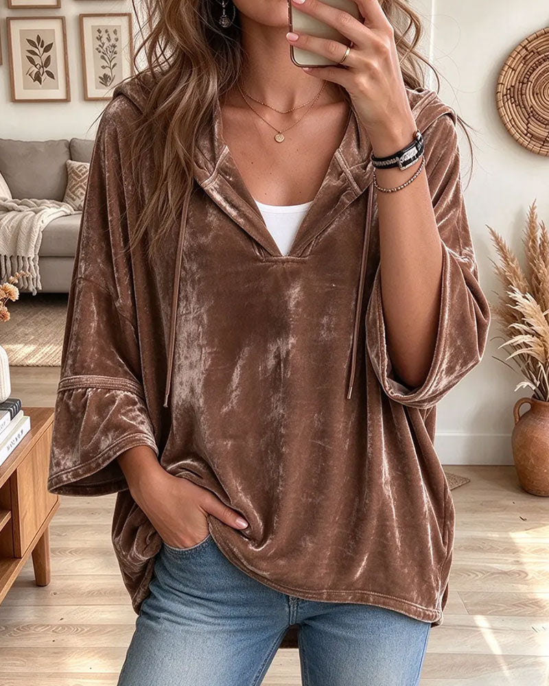 Velvet V-Neck Bell Sleeve Hooded Top