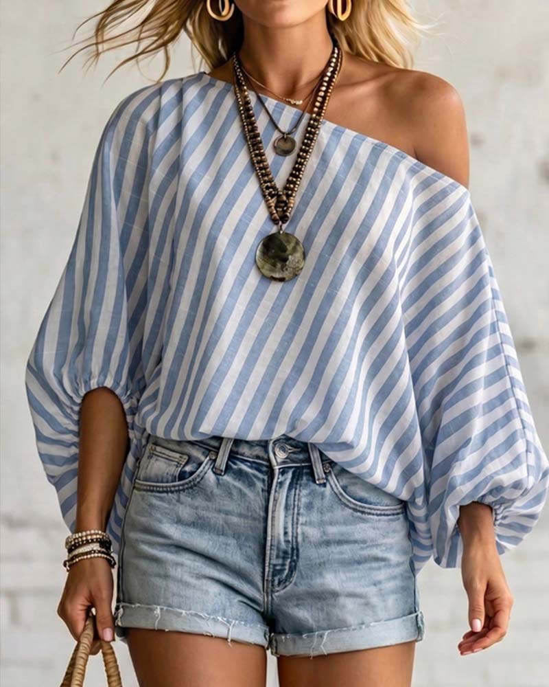 Asymmetric Neck Stripe Puff Sleeve Blouse