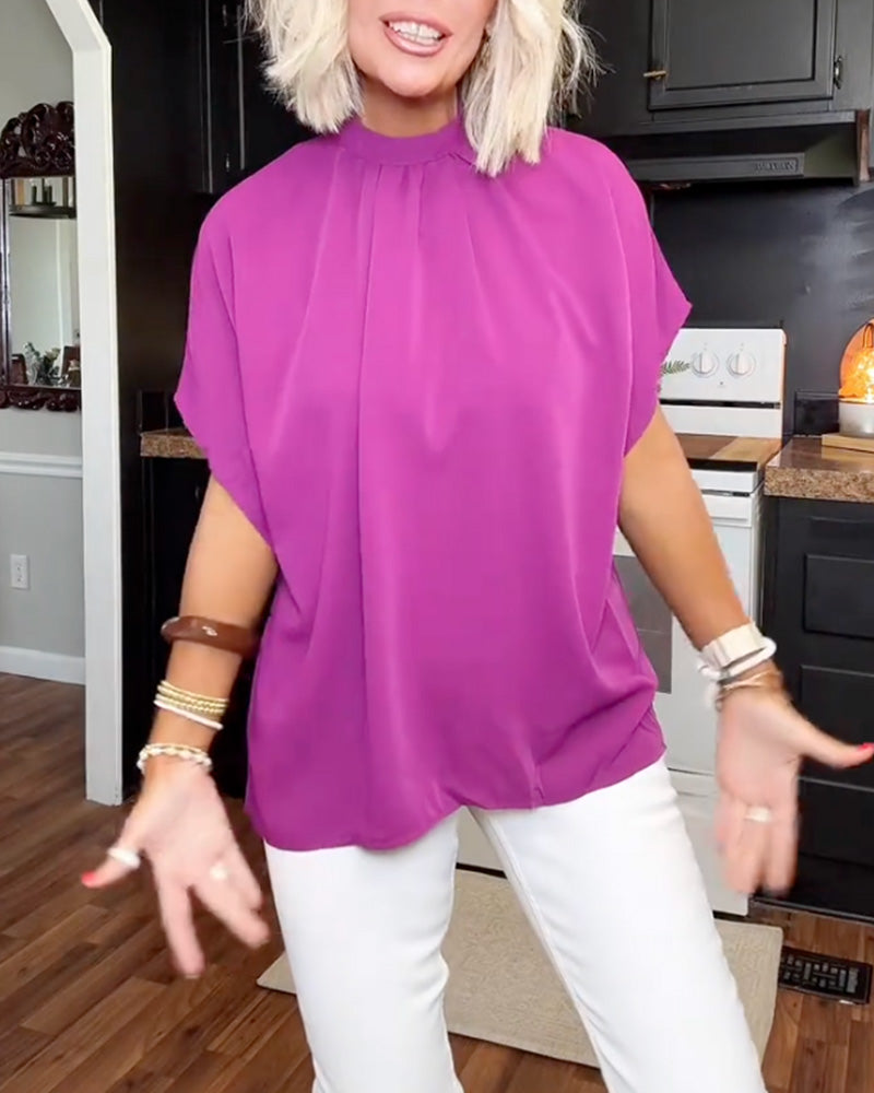 Mock Neck Loose Solid Blouse