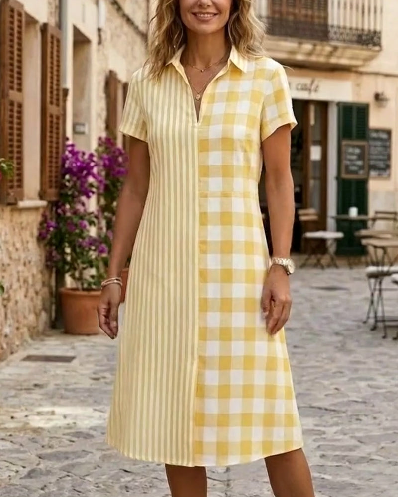 Plaid And Stripe Patchwork Shirt Dress