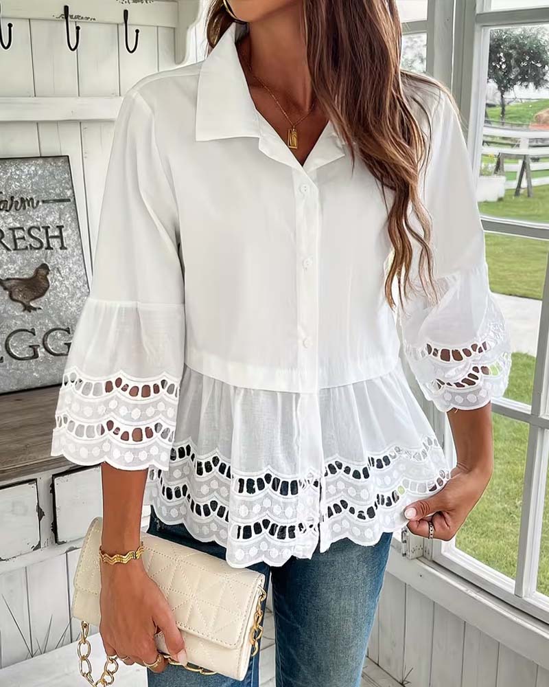 Hollow-Out Lapel Flared-Sleeve Shirt